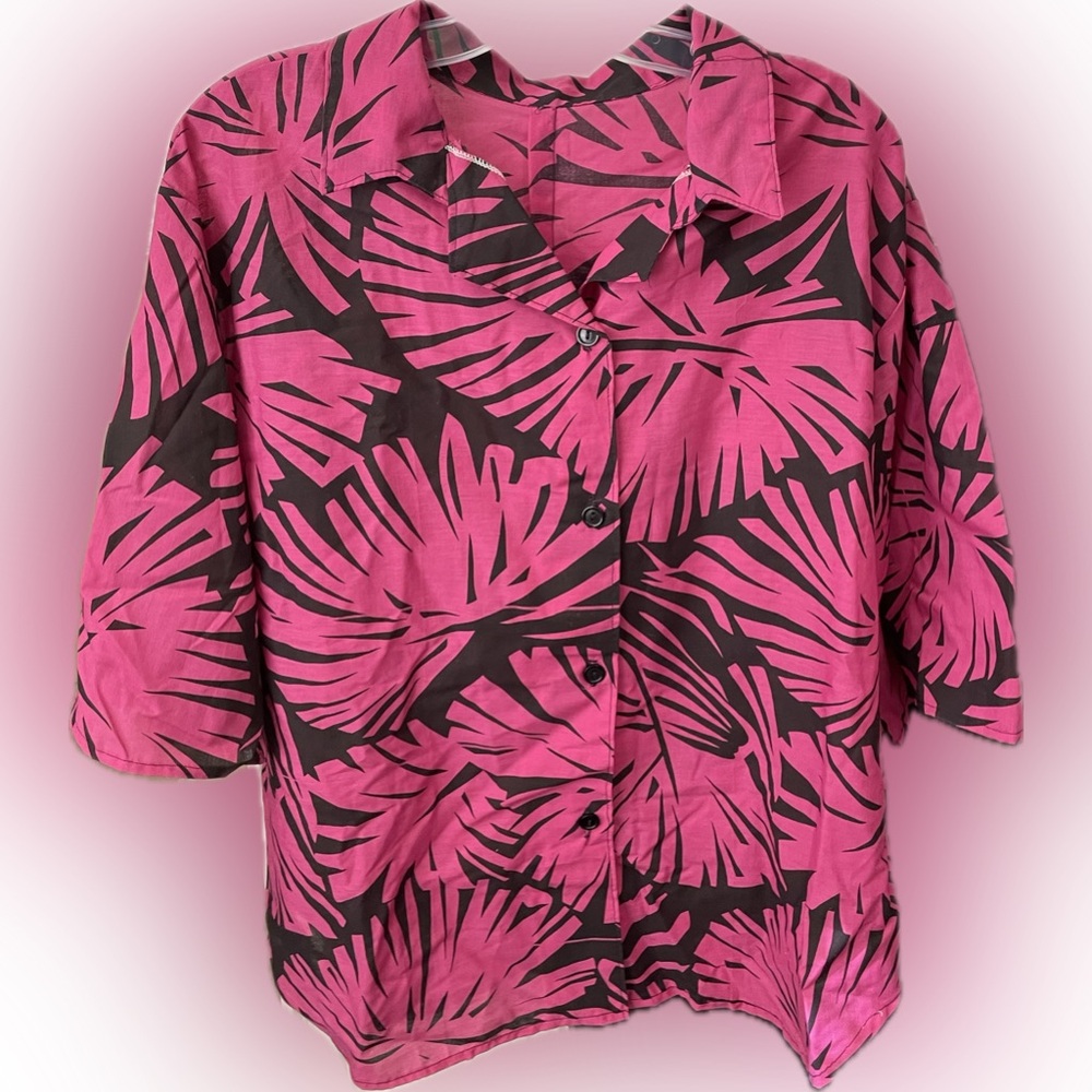 Tropical Pink and Black Button Down Shirt